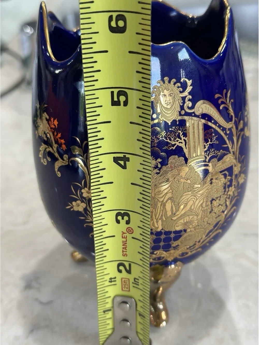 Vintage Limoges French Cobalt Blue Footed Egg Vase With 18k Or 22k Gold Accent